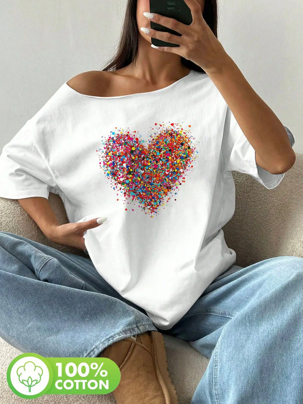 Plus Size 100% Cotton Shoulder Loose Print T-Shirt Oversized Y2K Style Graphic Tees Women Tops Summer Off The Shoulder Top