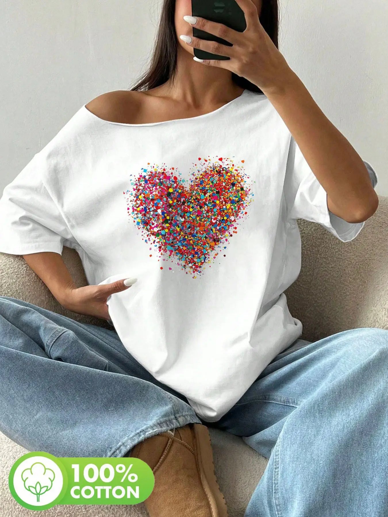Plus Size 100% Cotton Shoulder Loose Print T-Shirt Oversized Y2K Style Graphic Tees Women Tops Summer Off The Shoulder Top