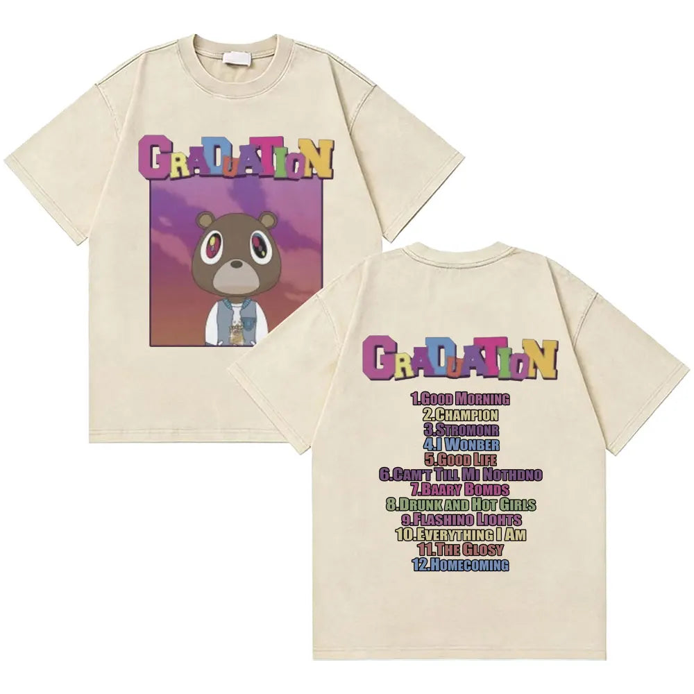 Awesome Rapper Kanye West Graduation Bear Vintage Washed T-shirt Men Women Hip Hop Fashion Trend Short Sleeve T Shirt Streetwear