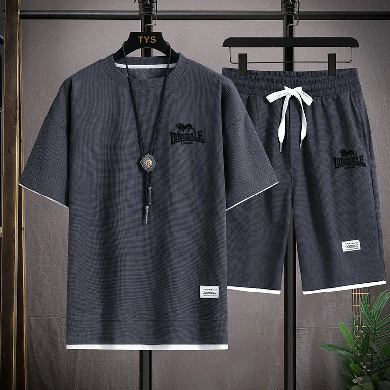 Men's summer new casual short-sleeved T-shirt set, fashionable outdoor men's round-neck pullover + sports shorts 2-piece set