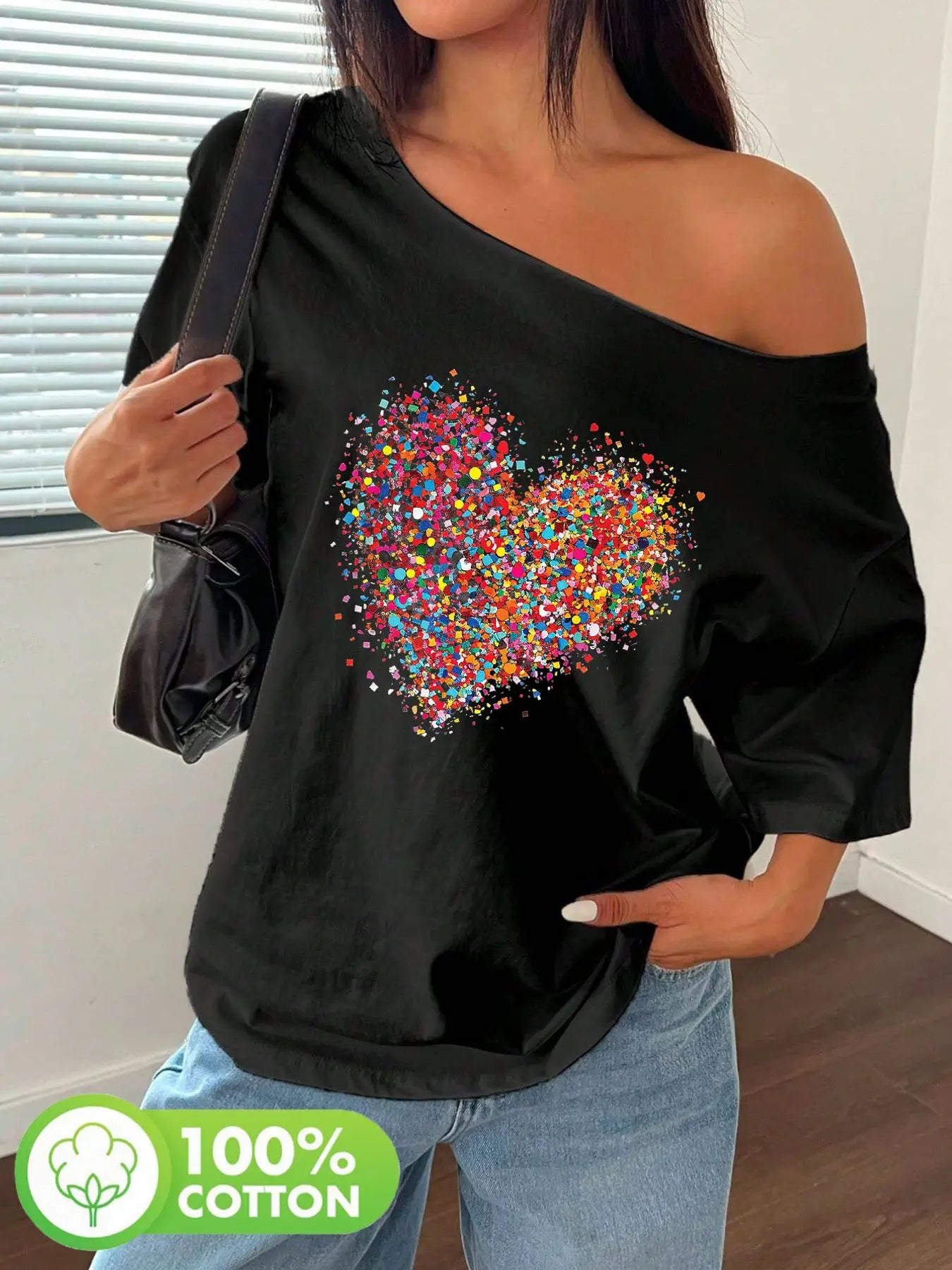 Plus Size 100% Cotton Shoulder Loose Print T-Shirt Oversized Y2K Style Graphic Tees Women Tops Summer Off The Shoulder Top