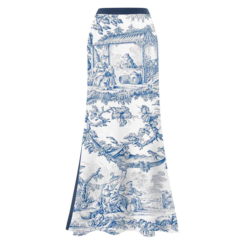 Woman Bikini Tankini Blue And White Toile Print Bikinis One Shoulder Ruffle Skirt Swimsuit Halter Neck High Waist Swimwear