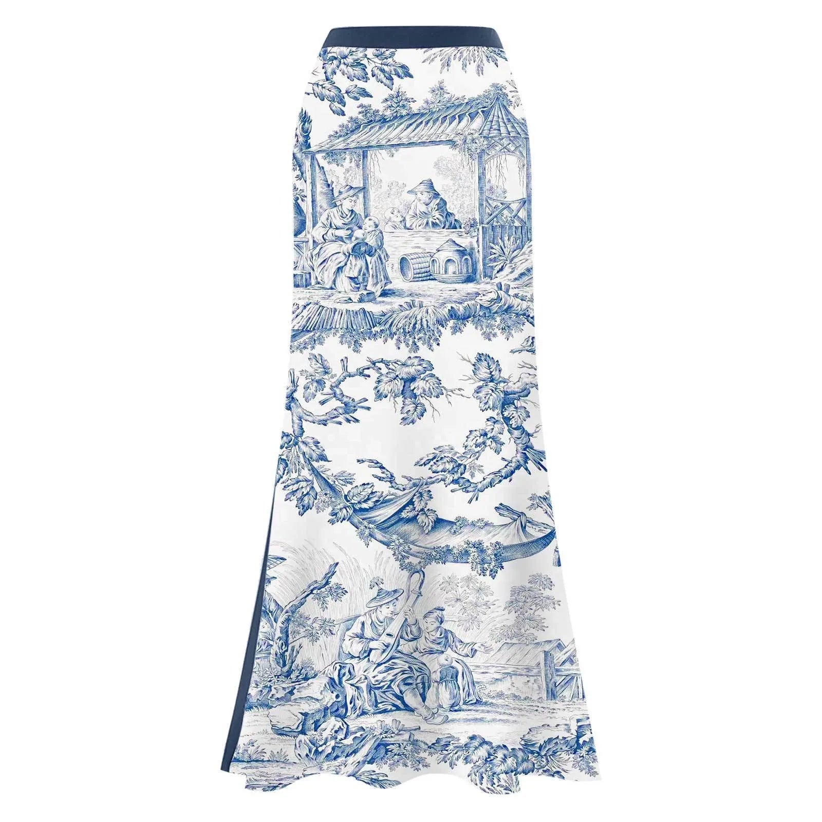 Woman Bikini Tankini Blue And White Toile Print Bikinis One Shoulder Ruffle Skirt Swimsuit Halter Neck High Waist Swimwear