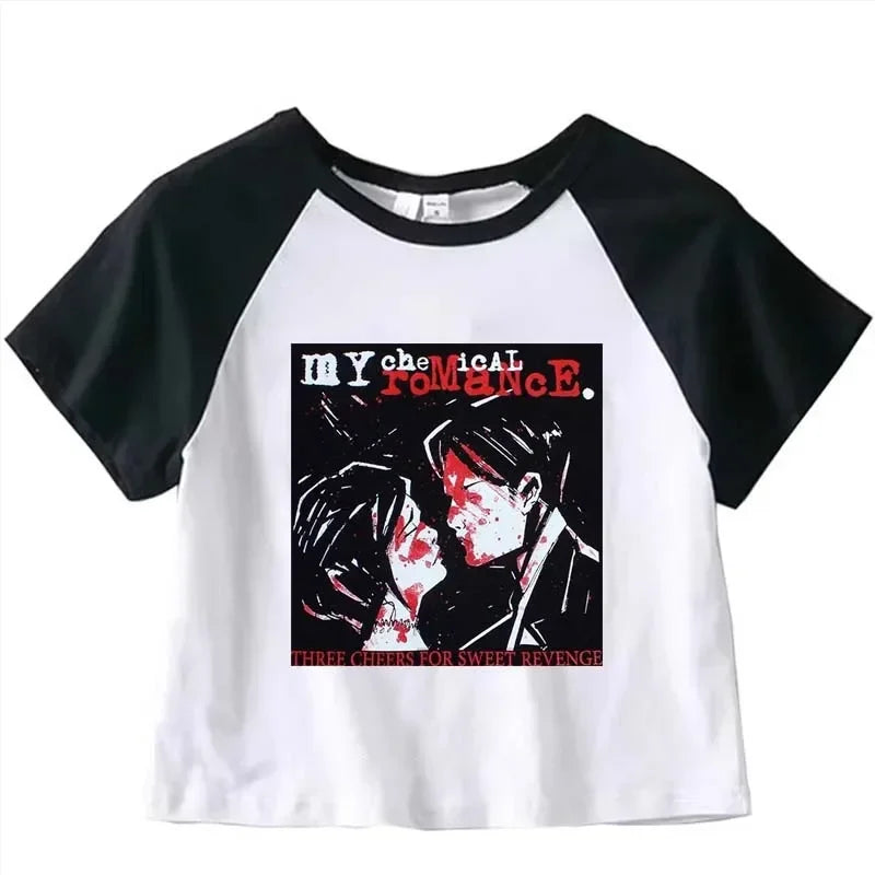 My Chemical Romance Graphic Crop Top Girl Cyber Y2k Kawai Fashion Harajuku Crop Top Summer Sport T Shirt Jogging Short Sleeves