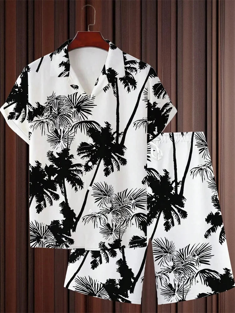 Men's Short-sleeved Shirt Set Artistic And Simple Style Plant Print Solid-color Shorts Casual Fashionable And Daily