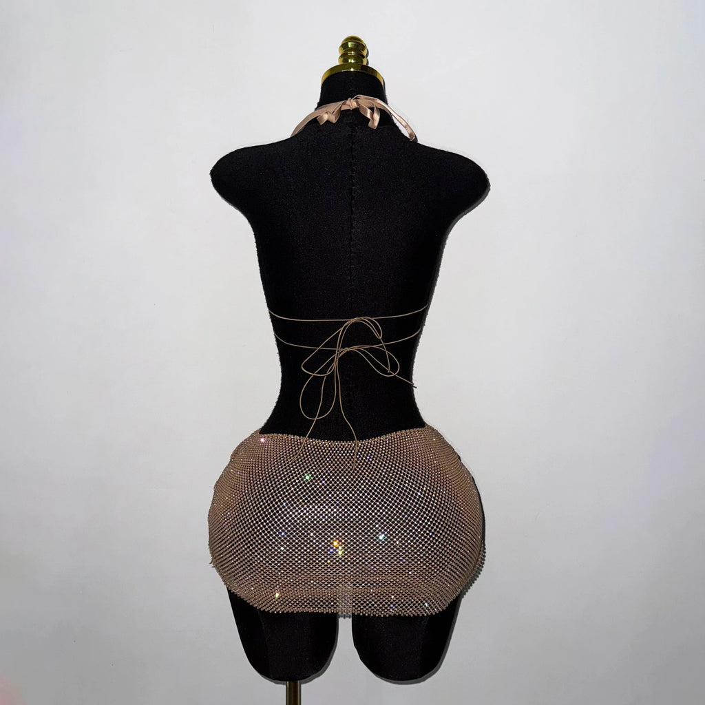 Sparkle Rhinestone Halter Mini Dress For Women Sexy Crystal Mesh Cut Out Backless Party Club Rave Outfit Festival Birthday Wear