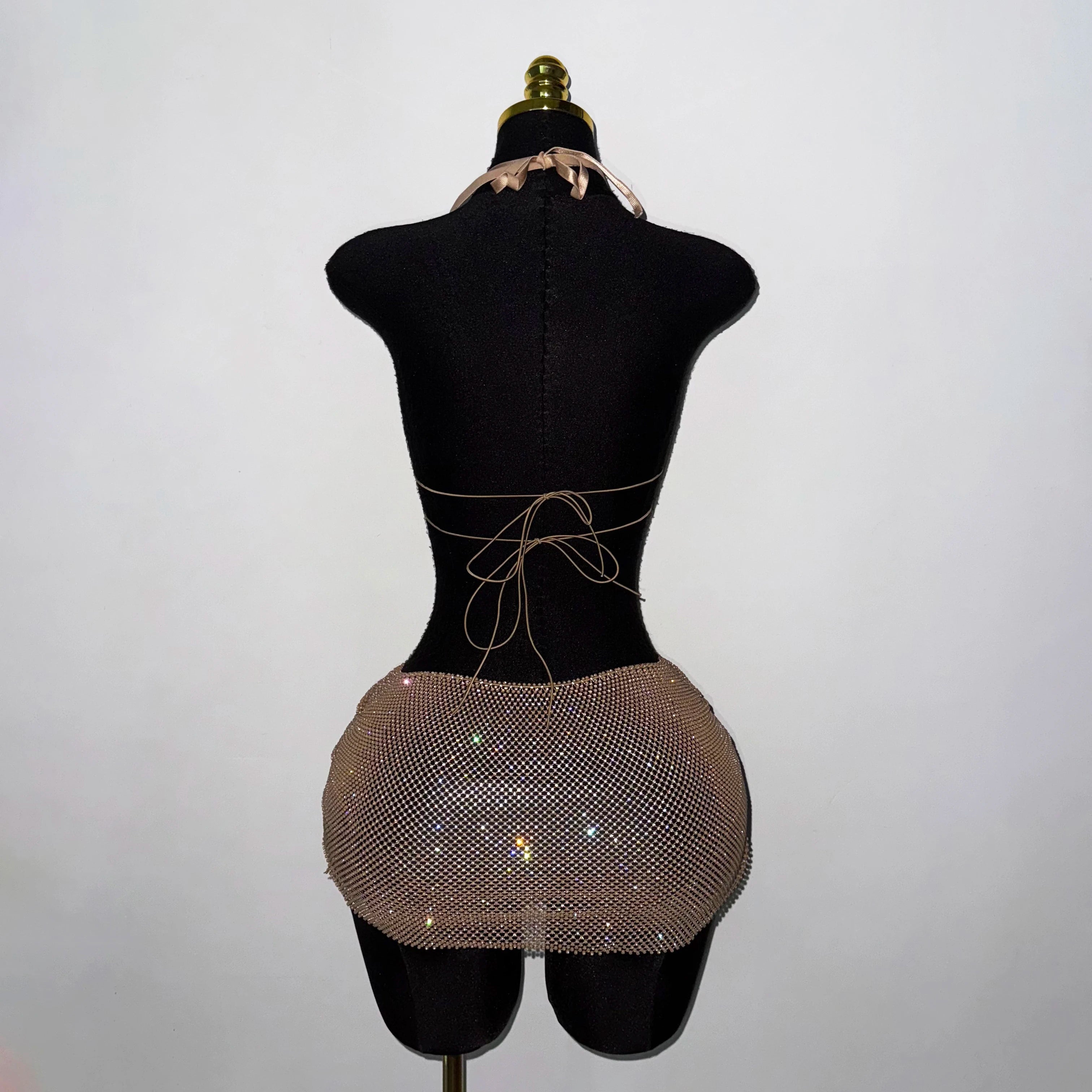 Sparkle Rhinestone Halter Mini Dress For Women Sexy Crystal Mesh Cut Out Backless Party Club Rave Outfit Festival Birthday Wear