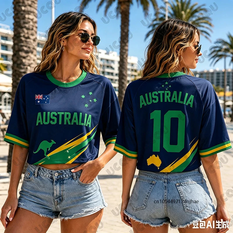 Summer New Australia Print T-Shirt For Women Short Sleeve O-neck Sexy Crop Top Streetwear Football Jersey Y2k Tees Casual Tops