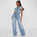 European American Sexy Hollowed-out Design Sleeveless Lapel Denim Jumpsuit. New Fashion Straight-leg Jumpsuits for Women Spring