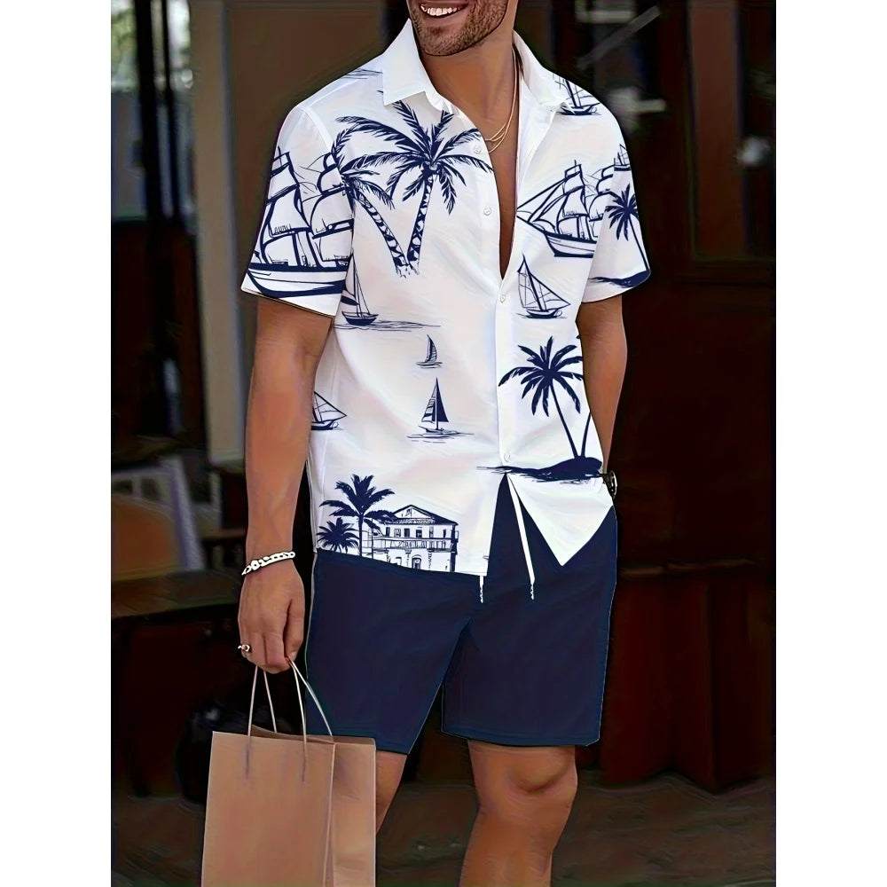 Summer Man Set Coconut Tree Fresh Flower Pattern Men's Short-Sleeved Button Shirt Summer Seaside Beach Vacation Hawaiian Shirt