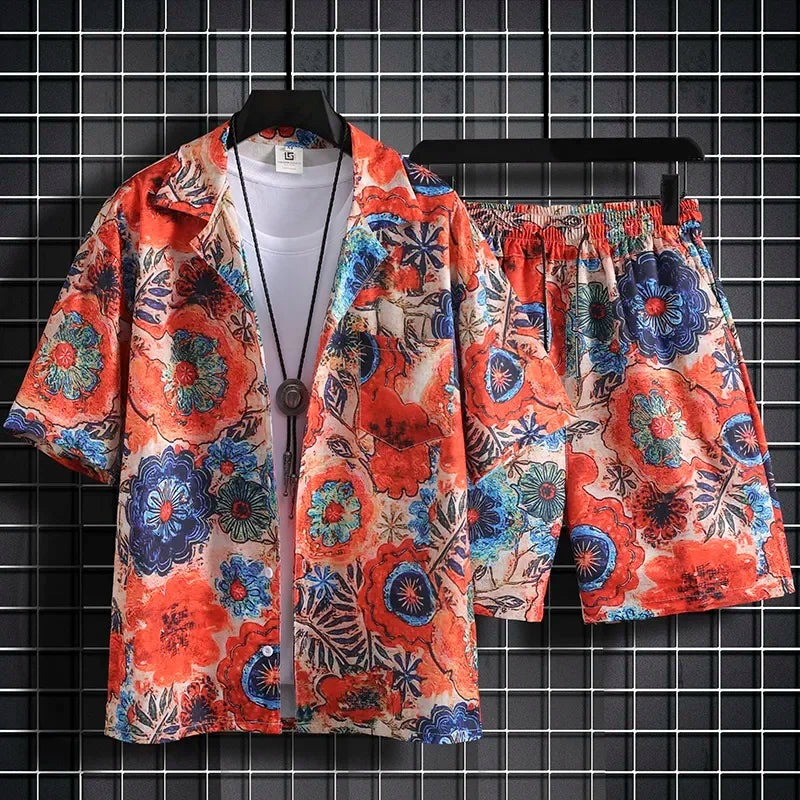 Men Hawaiian Print 2 Piece Set Short Sleeve Shirt And Shorts Beach Summer Outfit