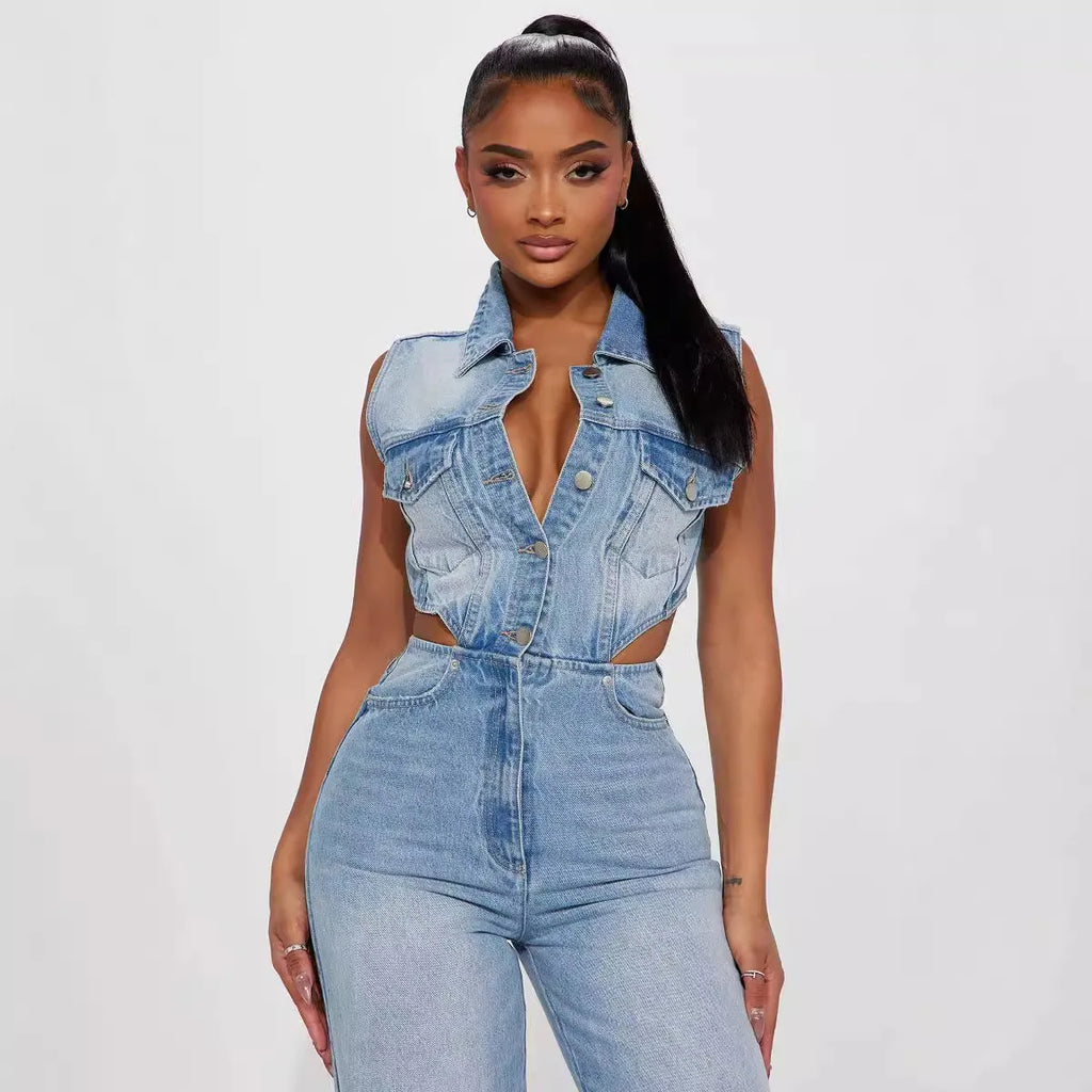 European American Sexy Hollowed-out Design Sleeveless Lapel Denim Jumpsuit. New Fashion Straight-leg Jumpsuits for Women Spring