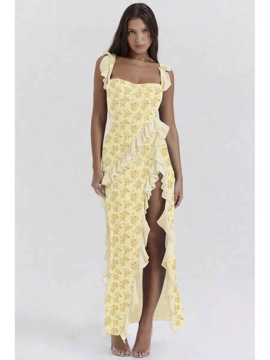 French Style Spaghetti Strap Ruffle Floral Print High Low Long Dress For Women