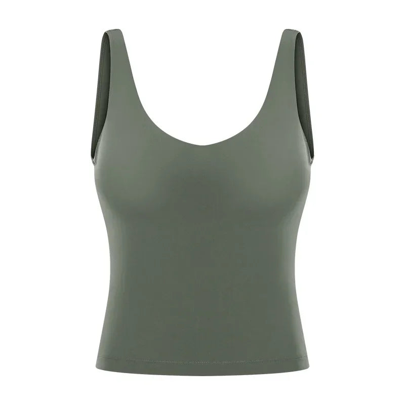 Women Waist-Length Tank Top V-neck 4-way Stretch Sweat-wicking Yoga Shirt With Removable Cups U-Back Workout Vest