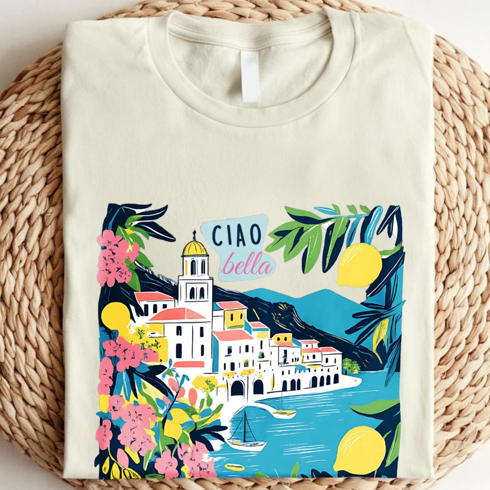 Italian Floral Mediterranean T-Shirt Ciao Bella Amalfi Coast Summer Tee Lemon Village Sailboat Positano Limoncello Travel Gift