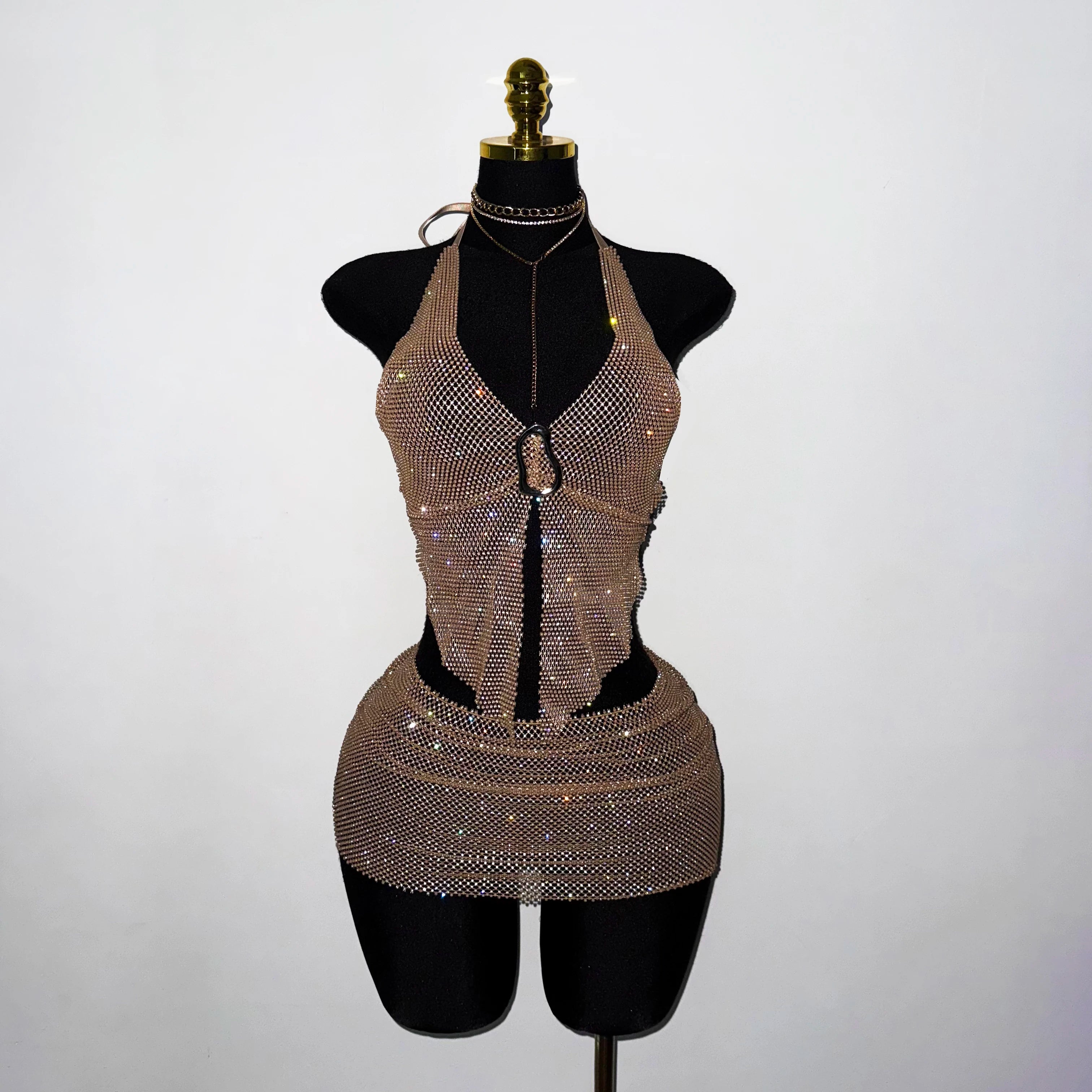 Sparkle Rhinestone Halter Mini Dress For Women Sexy Crystal Mesh Cut Out Backless Party Club Rave Outfit Festival Birthday Wear