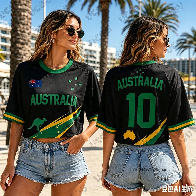 Summer New Australia Print T-Shirt For Women Short Sleeve O-neck Sexy Crop Top Streetwear Football Jersey Y2k Tees Casual Tops