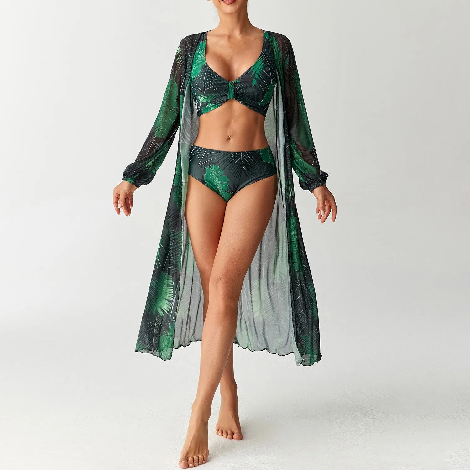 Women's 2026 Tankini Printed High Waist Long Sleeve Tankini Top Floral Print V Neck Swim Top Tropical Leaf Print Bikini Top