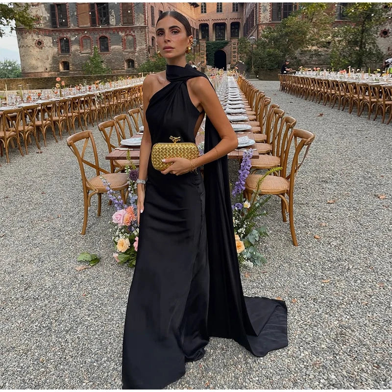 Sexy Satin Ribbon Party Dress Women Elegant Halter Backless Off Shoulder Sleeveless Female Dresses 2024 Summer Solid Robe Gown