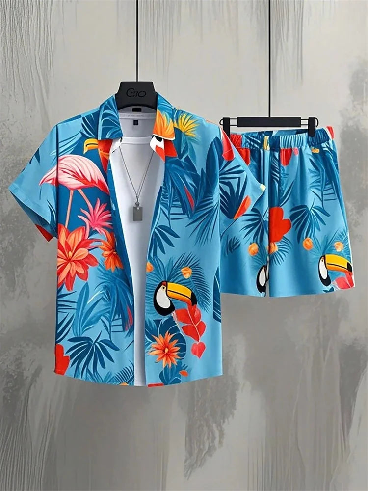 Men's Short-sleeved Shirt Set Artistic And Simple Style Plant Print Solid-color Shorts Casual Fashionable And Daily
