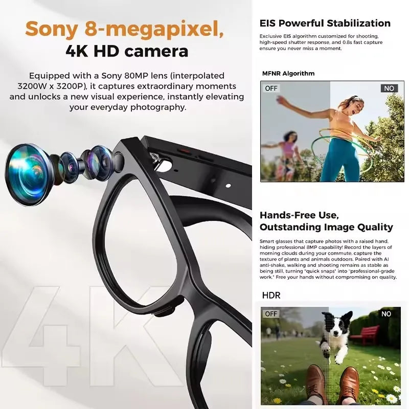 3600mAh Power Bank Smart Glasses 800W 4K HD Pixel 32GB Translation Bluetooth Music Ultra AI Smart Glasses with video camera 2026