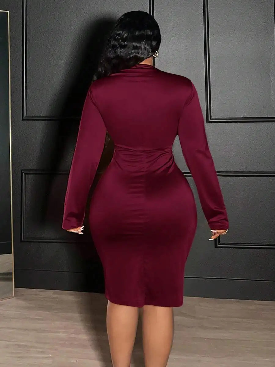 Elegant Sexy Ruched V-Neck Bodycon Long Sleeve Dress For Women Party Christmas