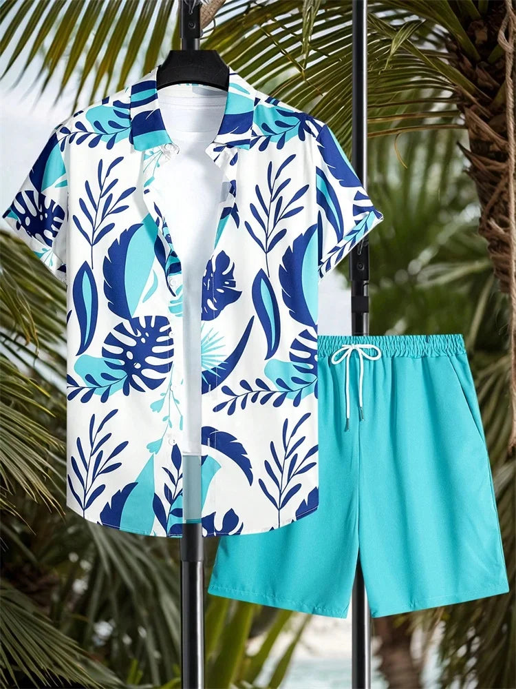 Men's Short-sleeved Shirt Set Artistic And Simple Style Plant Print Solid-color Shorts Casual Fashionable And Daily
