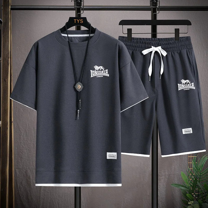 Men's summer new casual short-sleeved T-shirt set, fashionable outdoor men's round-neck pullover + sports shorts 2-piece set
