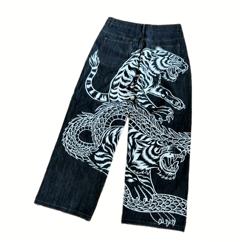 Y2K Dragon & Tiger Print Distressed Denim Pants
