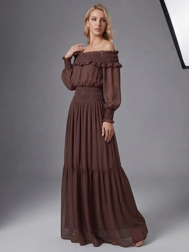 2026 Women's Summer Off-Shoulder Ruffles Brown Maxi Long Dress Elegant Evening Club Party Gown
