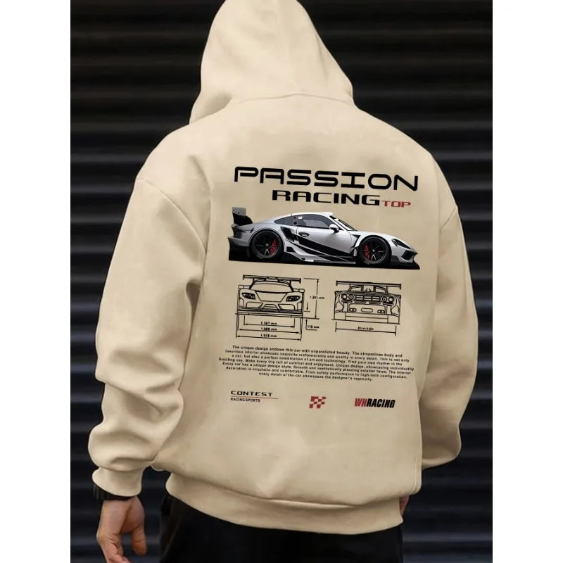 2026 Popular digital pattern men's hooded sweatshirt with car-themed design, American-style casual sports long-sleeved shirt