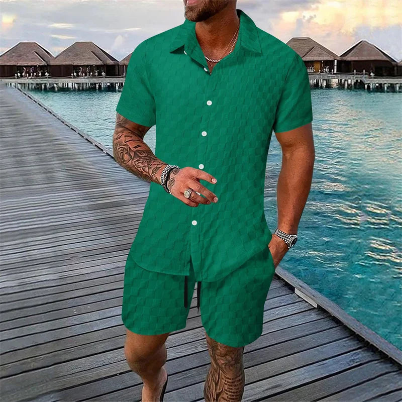 6 colors European and American new summer men's fashion pure color casual blended short-sleeved T-shirt shorts suit S-3XL size