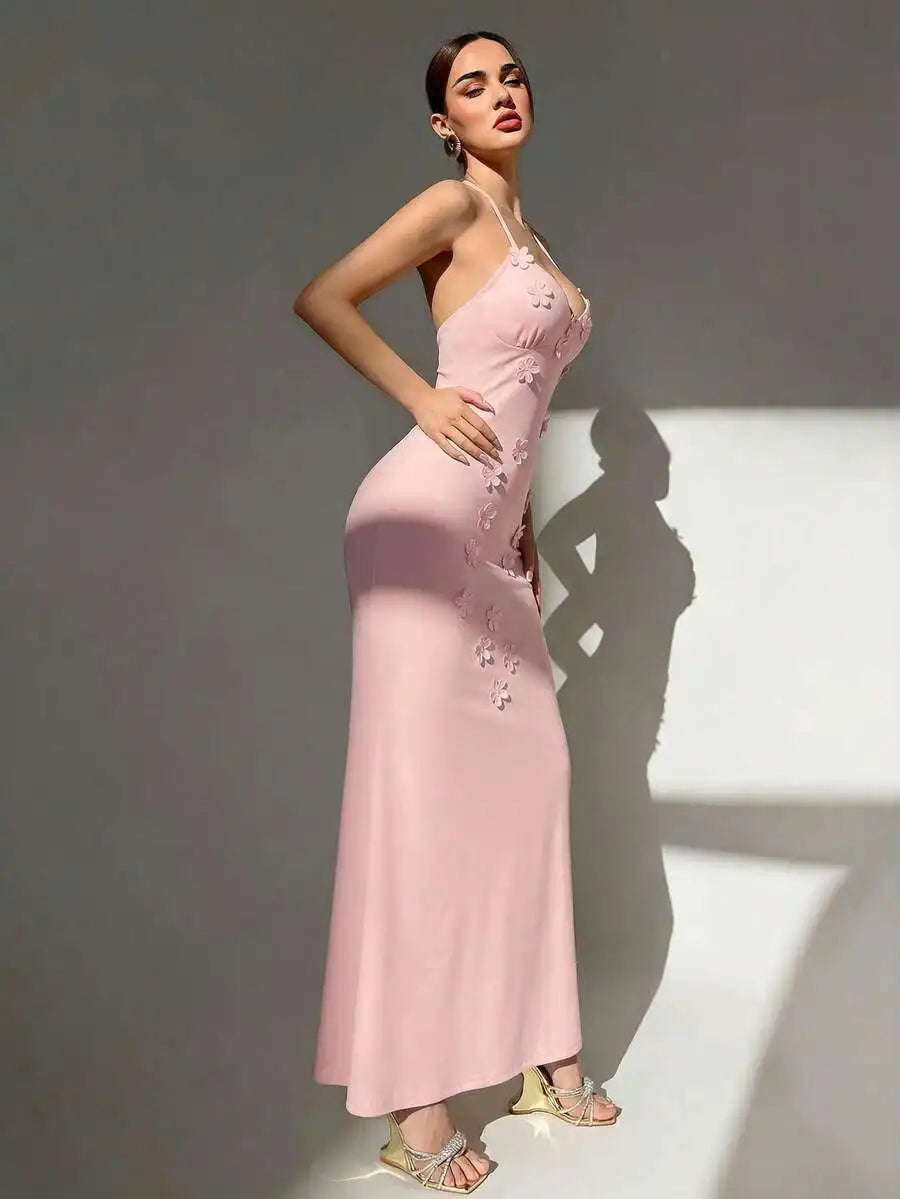 Womens Sexy Y2K Micro Cup Front 3D Floral Decor Fitted Mermaid Maxi Slip Dress Pale Pink