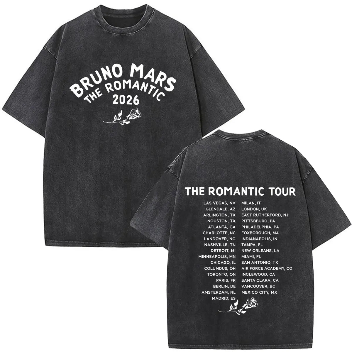 Bruno Mars The Romantic Tour 2026 Print Vintage Washed T-shirt Man Woman Fashion T-shirts Cotton Loose Casual Oversized T-shirts