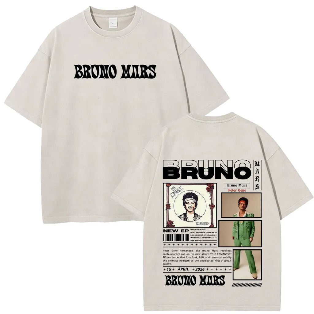 Bruno Mars The Romantic Tour 2026 Print Vintage Washed T-shirt Man Woman Fashion T-shirts Cotton Loose Casual Oversized T-shirts