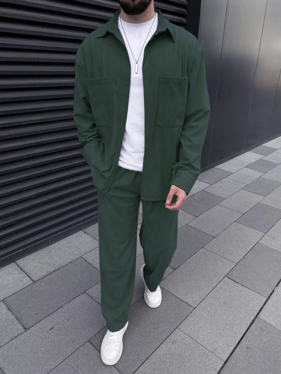 Men's corduroy two-piece outfit: long-sleeved button-down shirt and wide-leg trousers set, fashionable casual street sportswear.