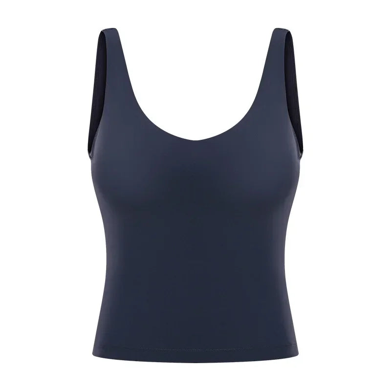 Women Waist-Length Tank Top V-neck 4-way Stretch Sweat-wicking Yoga Shirt With Removable Cups U-Back Workout Vest