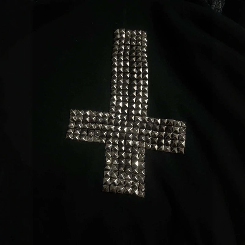 Unisex autumn/winter hoodie with loose and casual style, cross metal rivet design, cardigan sweatshirt, punk rock, hip-hop, and