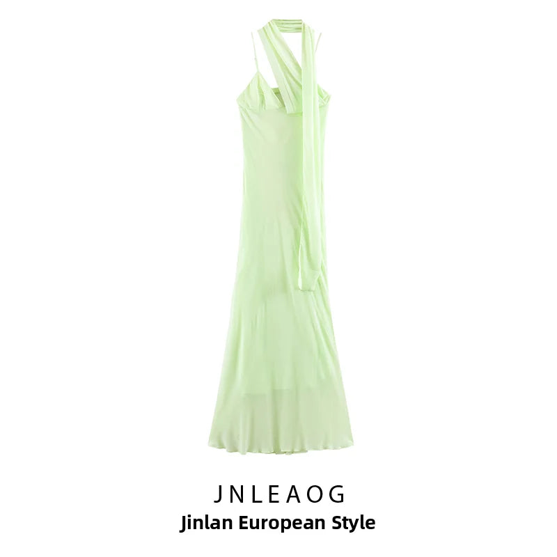 Fashionable Scarf Decorated Summer New Arrival Women's Dress Strapless Gown Polyester Fabric round Neckline Casual Wear