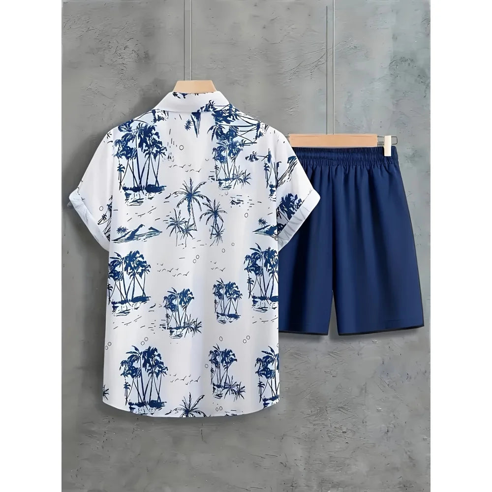 Summer Man Set Coconut Tree Fresh Flower Pattern Men's Short-Sleeved Button Shirt Summer Seaside Beach Vacation Hawaiian Shirt