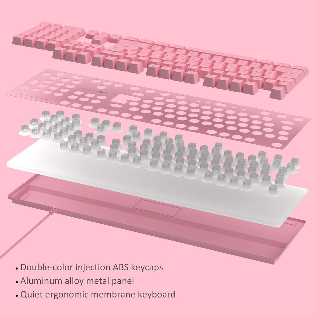 GT838 Gaming Keyboard and Mouse Combo, 104 Keys RGB Backlit Quiet Wired Keyboards for Laptop PC MAC, with Number Pad, Metal Panel, Anti-Ghosting, Pink
