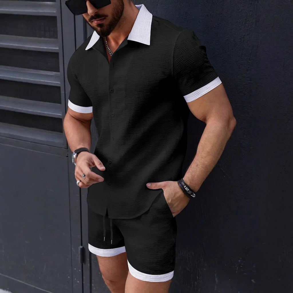 Matching Sets Trend Men Suit  Linen Short Sleeve JacquardShirt And Shorts 2-piece Set Hawaii Beach Men Casual Set 2 piece set