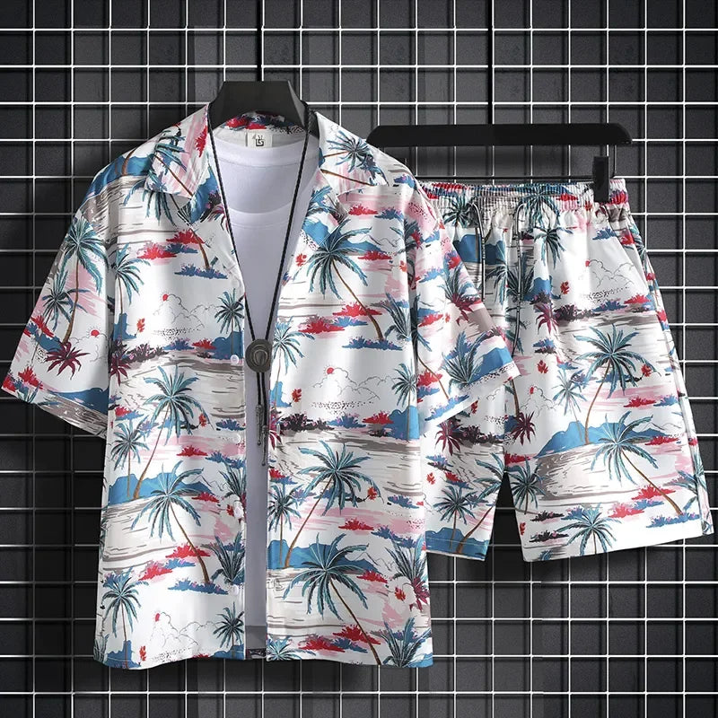 Men Hawaiian Print 2 Piece Set Short Sleeve Shirt And Shorts Beach Summer Outfit