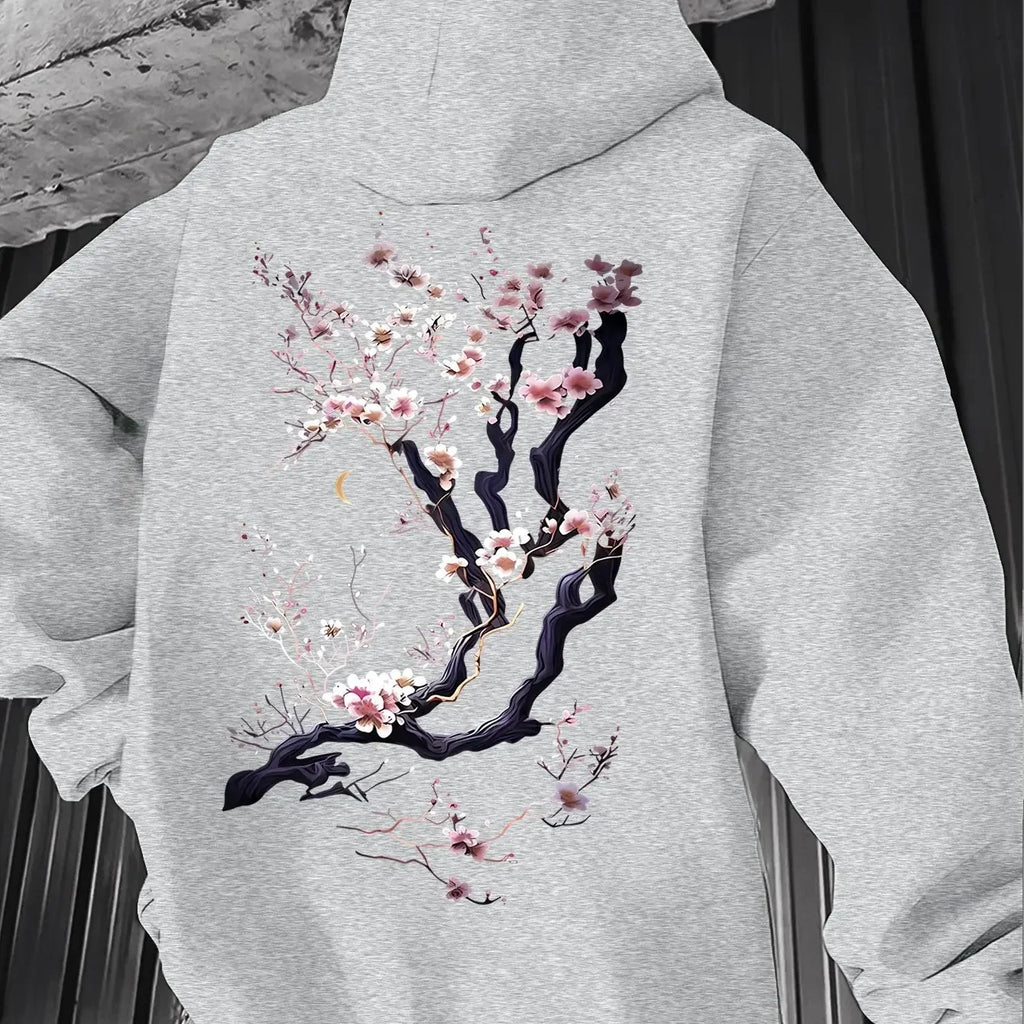 Men'S Hoodie Designed with Retro Ink Wash Style Cherry Blossom Branches Reflecting Eastern Aesthetics Made from Knit Fabric