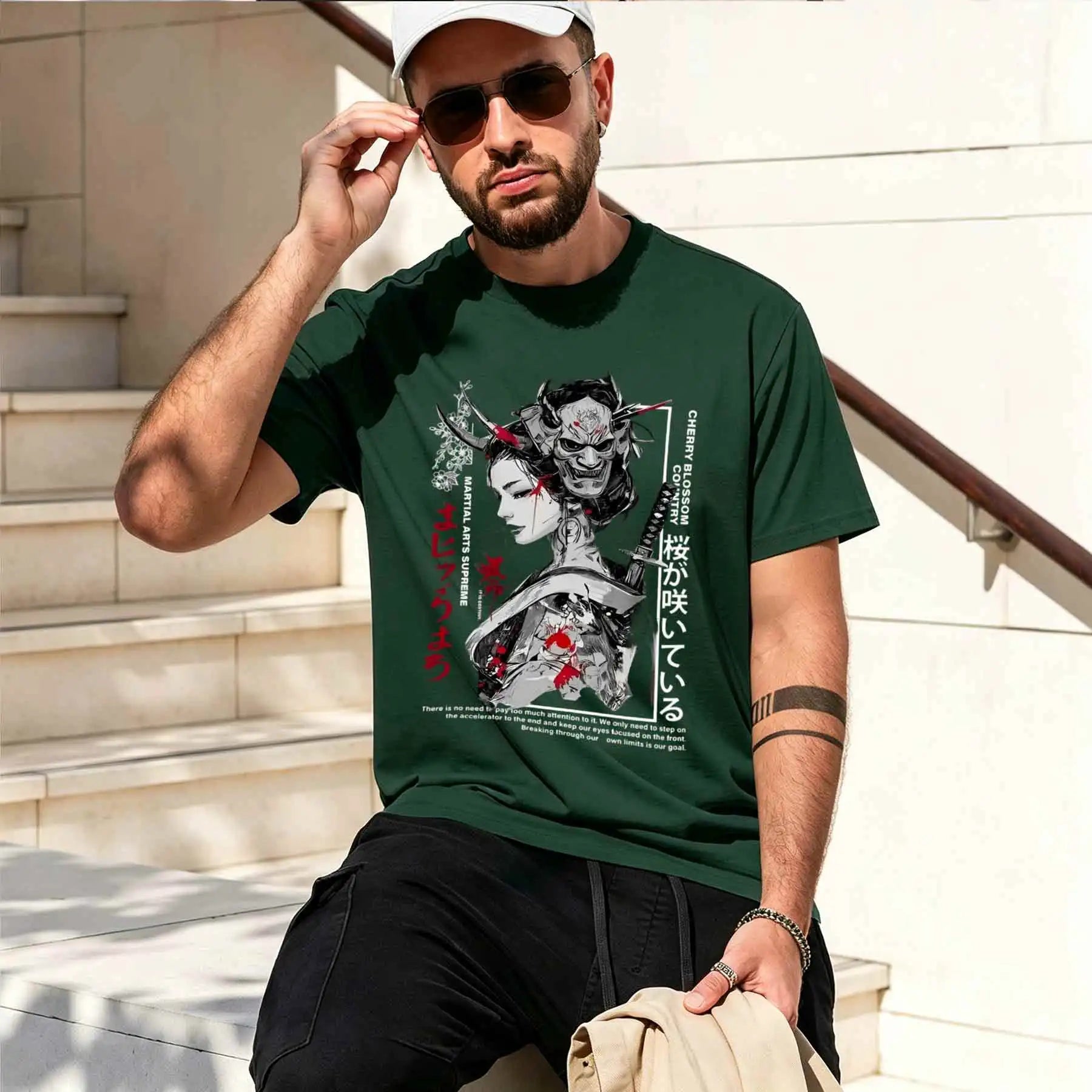 new printed T-shirt printed with  Men's Japanese Dark Ukiyo-e T-shirt, Oni Mask Geisha Katana Print Cool Street Style Top