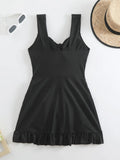 Women Swimsuit Tummy Control Modest Swimwear Solid Black High Waist Front Tie Ruffle Trim Bathing Suit with Flared Skirt