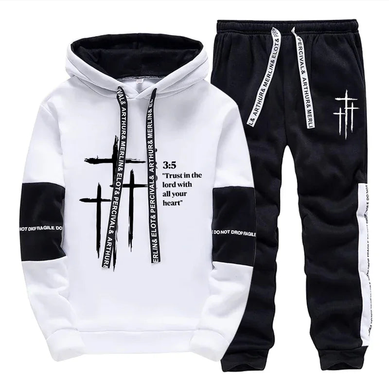 2026 New Arrival Men's Tracksuit Hoodie and Sweatpants 2pcs Set Autumn Daily Casual Sports Hooded Sportswear Cross Print Outfits