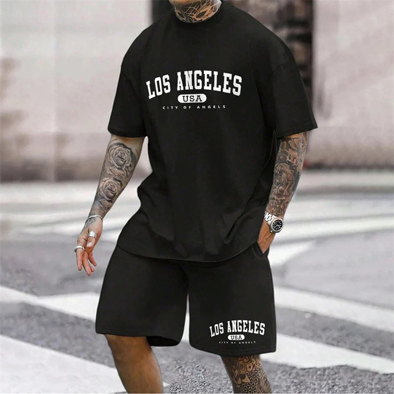 Men's Outdoor Letter Print Shorts Set Two-Piece Streetwear Two-Piece Athletic Wear Crew Neck T-Shirt Fashion Men's Apparel