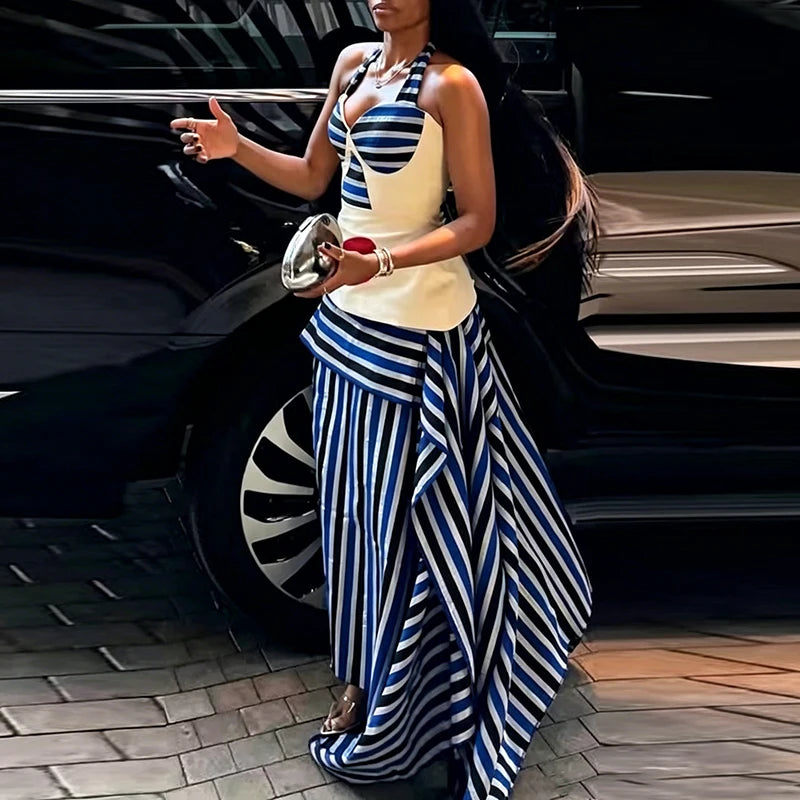 Fashion Irregular Splice Ruffle Edge Outfit Chic Striped Printed Top+Skirt 2pc Set Sexy Waist Cinch Backless Beach Holiday Suit