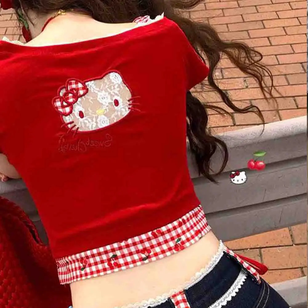 Hello Kitties Summer Women's Short Sleeved T-Shirt Kitty Spicy Girl Bow Slanted Shoulder Hollow Design Cartoon Cute Fashion Top